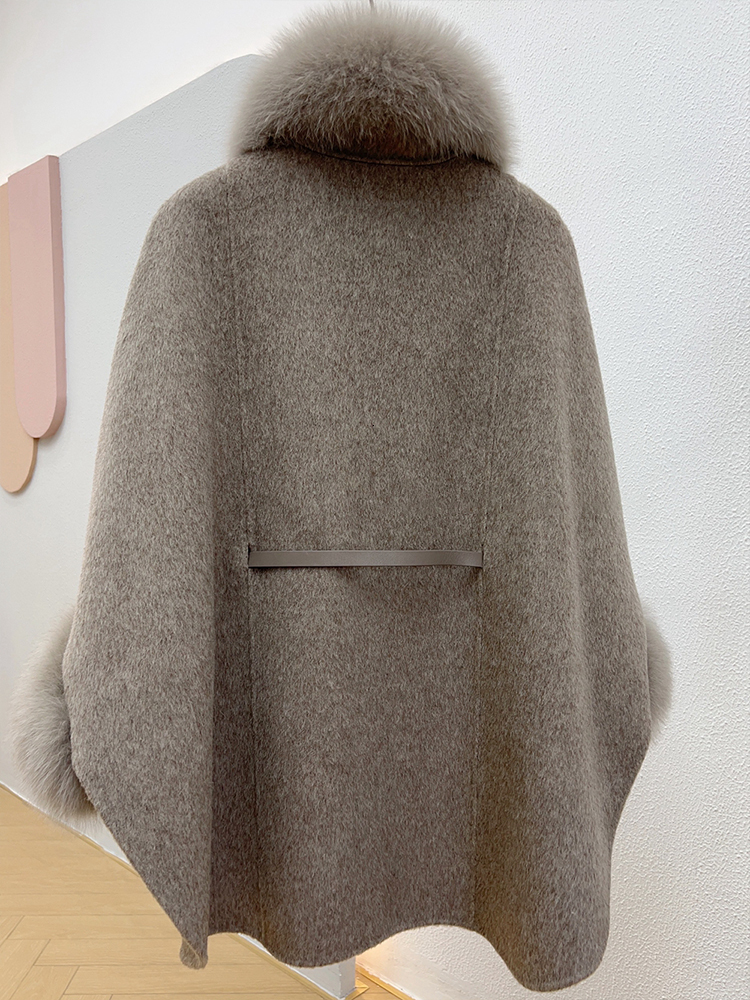 Winter Women's Real Fox Fur 100% Wool Cloak Cashmere Warm Jacket Detachable Collar Thick Female Coat