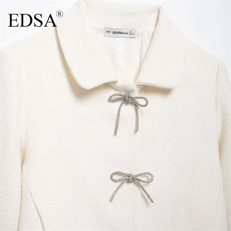 EDSA Womens White Coarse Linen Jacket with Bow Retro Single Chest Collar Long Sleeve Texture Coat Womens Unique Womens Clothing 241023