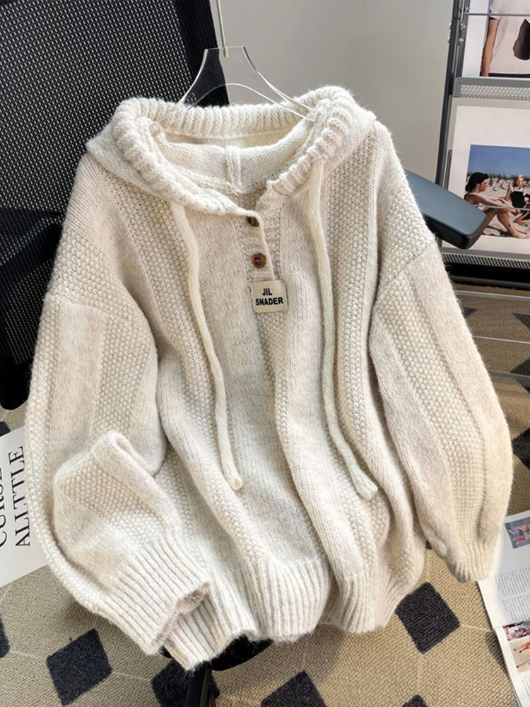 Korean Loose Solid Hooded Sweater Women Casual Knitted Buttons Soft Pullover Sweaters Female Autumn Chic Daily Warm Streetwear