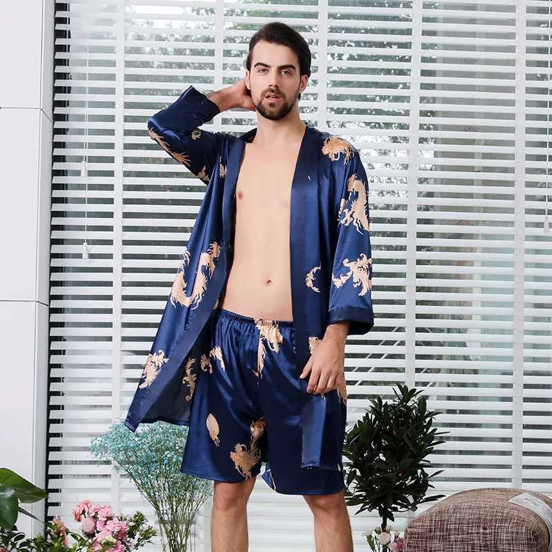 Large size 2PCS kimono bathroom dress couple Spwear home dress printed satin evening dress womens slippers evening dress mens long robe casual wear W2