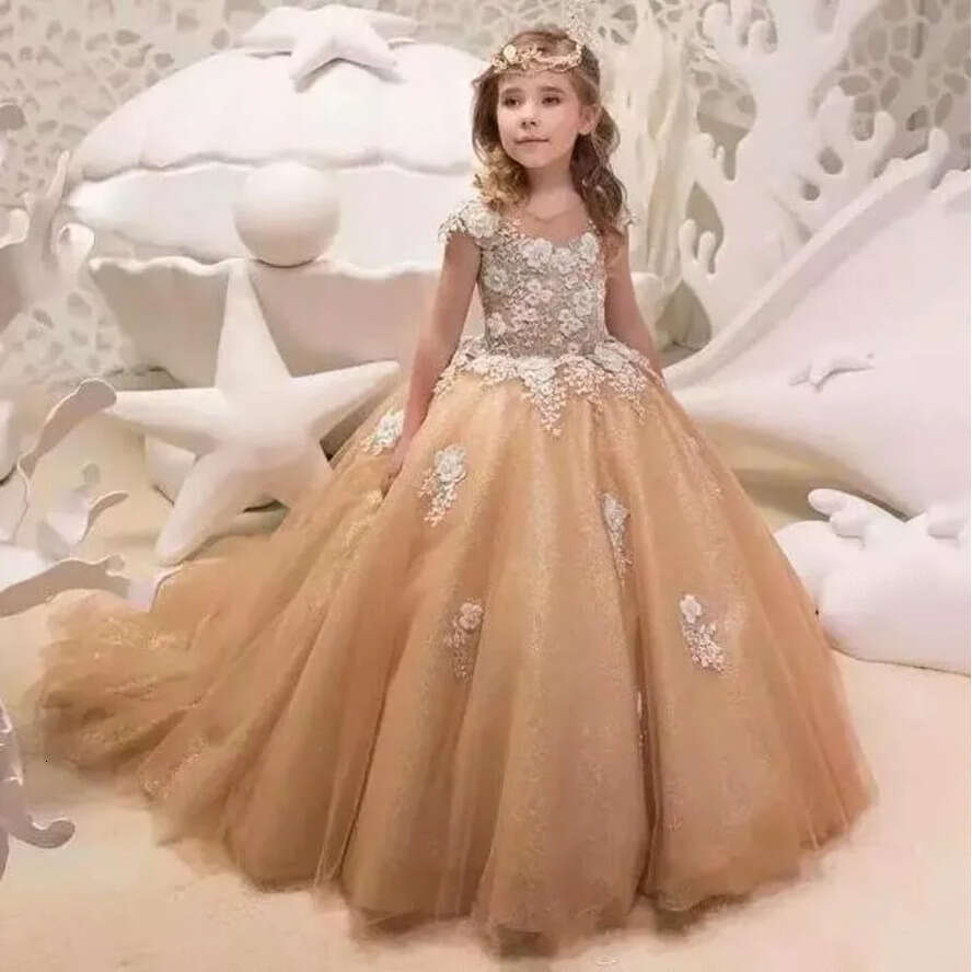 Girls Pageant Princess Gold Sheer Jewel Neck Cap Sleeve Appliques Beads Ruffles Long Wer Girl Dresses Custom Made Toddler Party Gowns Bc0027