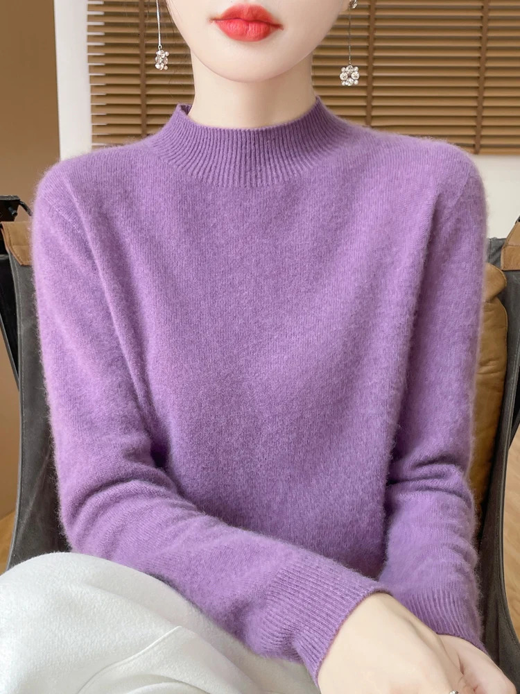Fashion 100% Merino Wool Sweater Womens MockNeck Knitwear Cashmere Pullovers Autumn Winter Long Sleeve Jumpers Clothing Tops 241021
