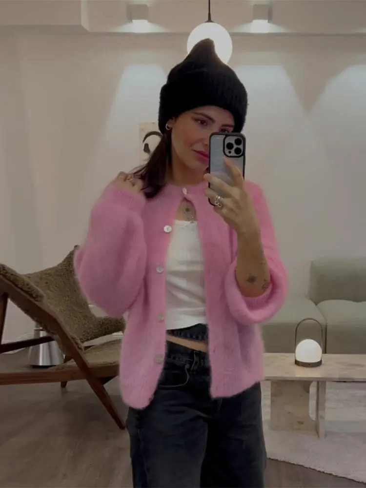 Women Sweet Elegant Mohair Knitted Cardigans Chic O Neck Single Breasted Long Sleeves Sweater 2024 Autumn Female Fashion Jumpers 241010