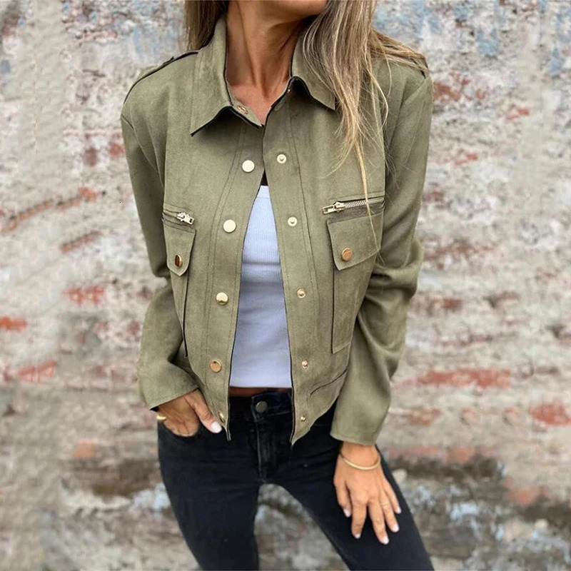 Elegant metal zipper button short jacket fashionable lapel solid color suede jacket womens casual long sleeved pocket jacket 241023