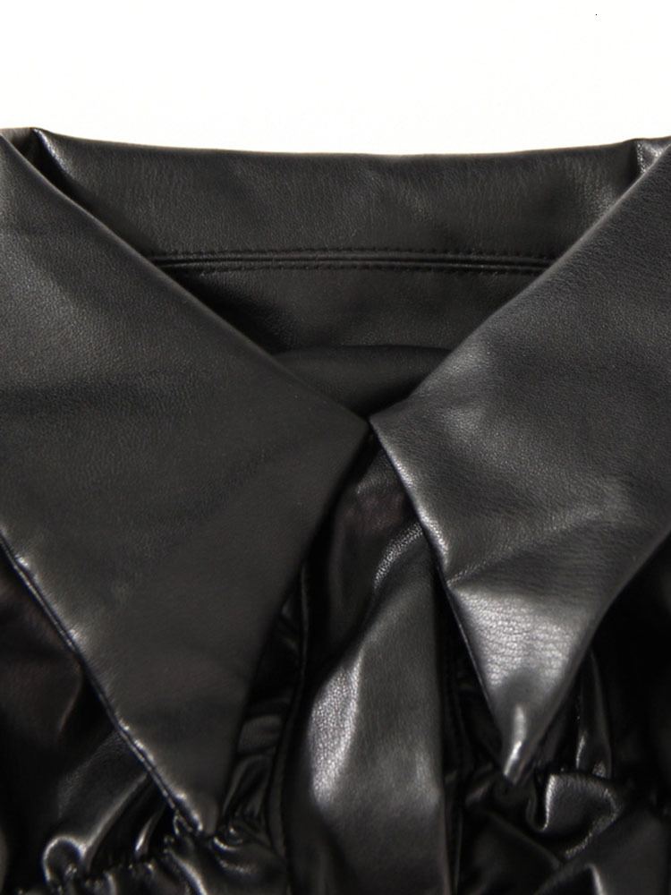 Dear Fashion Women's Pleated Lapel Puff Sleeve Cover Button Designer Slim PU Leather Jacket 2024 Autumn New Item 7Ab3798