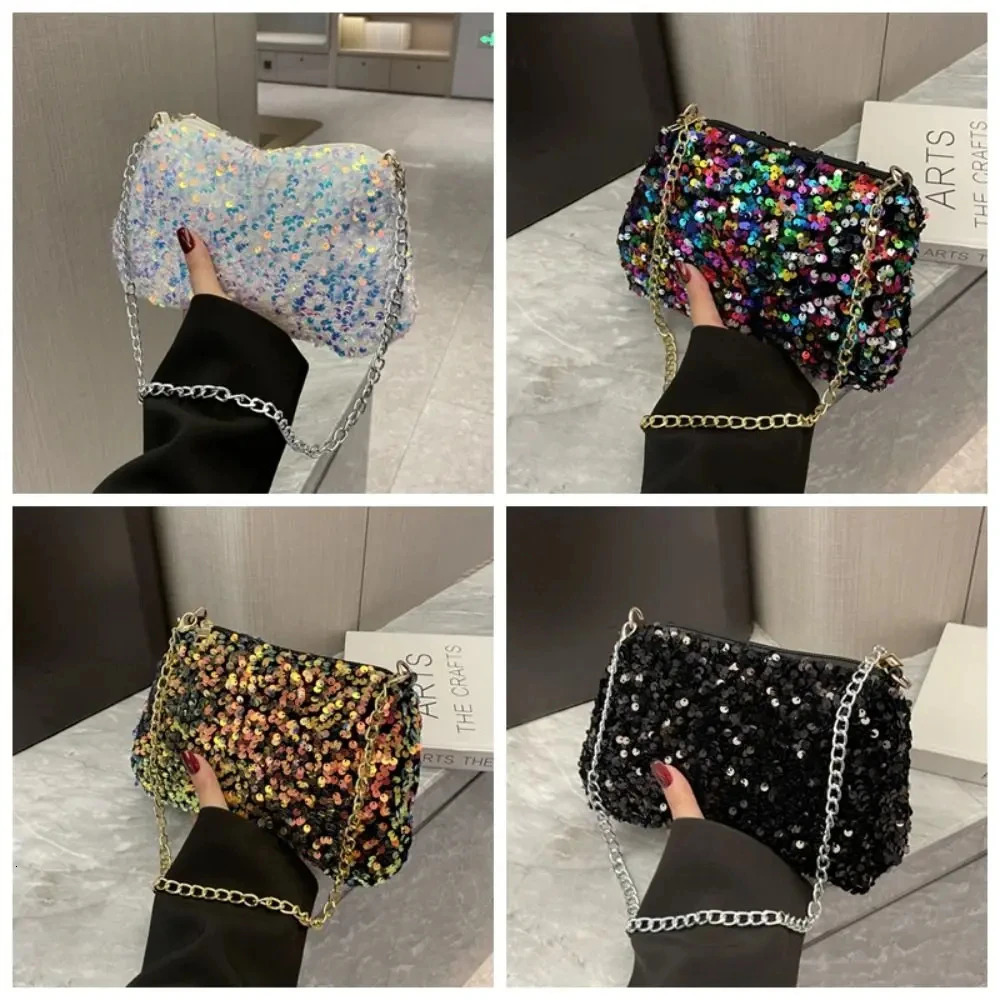 Solid color sequin cross body bag simple chain INS small square bag handbag armpit bag night clutch bag 241023
