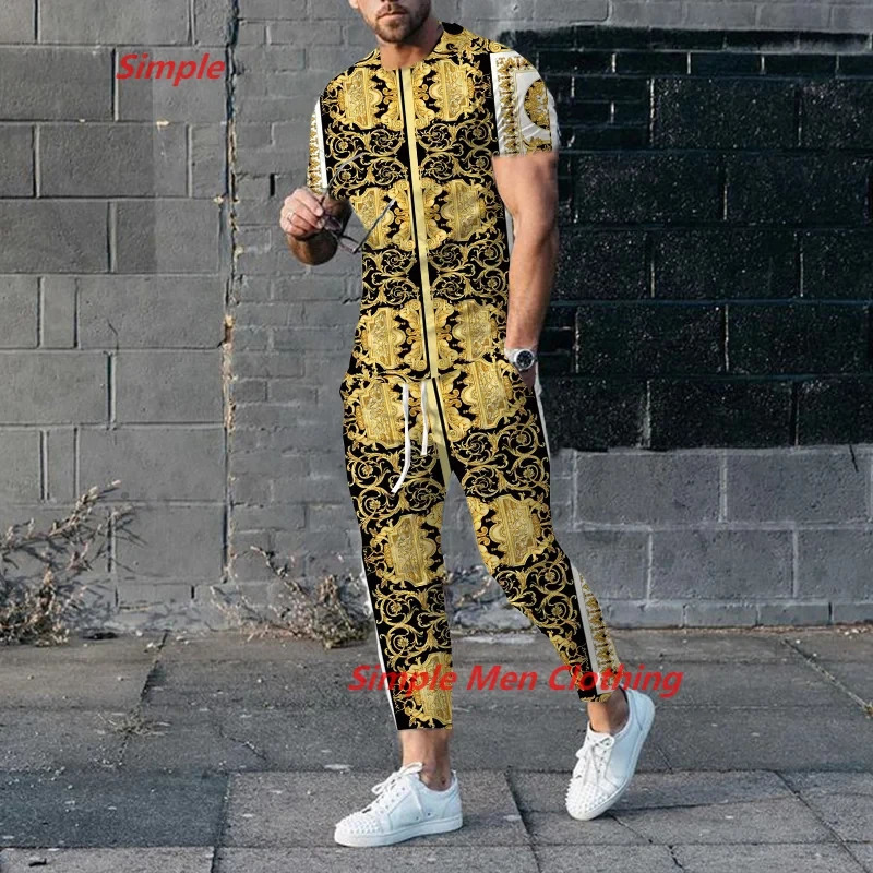 mens Trouser Tracksuit 2-piece set of mens summer jogging sportswear short sleeved T-shirtmens T-shirt long pants set 241023