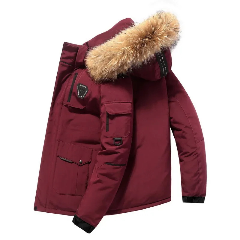 Mens hooded duck down jacket fur collar down jacket winter casual jacket high-quality mens outdoor windproof winter warm park 4X 241022