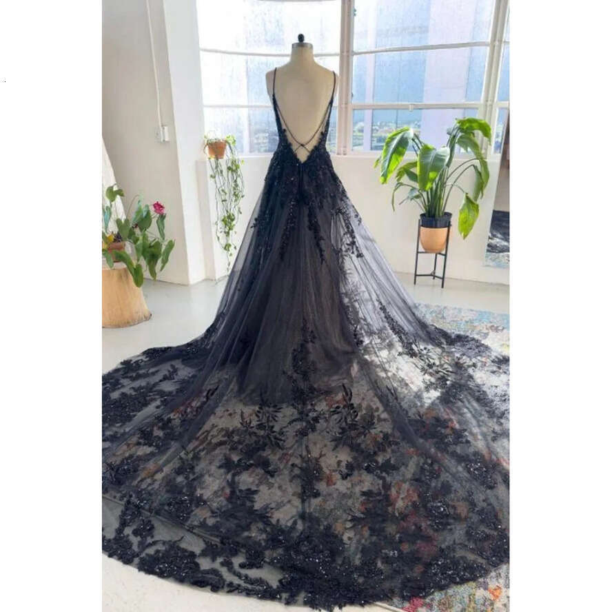Image Ink Blue Real Lace Tulle Evening Dresess Sexy Backless Spaghetti Straps A E Party Ocn Gowns Black Girls Prom Dress Open Back Bc16466