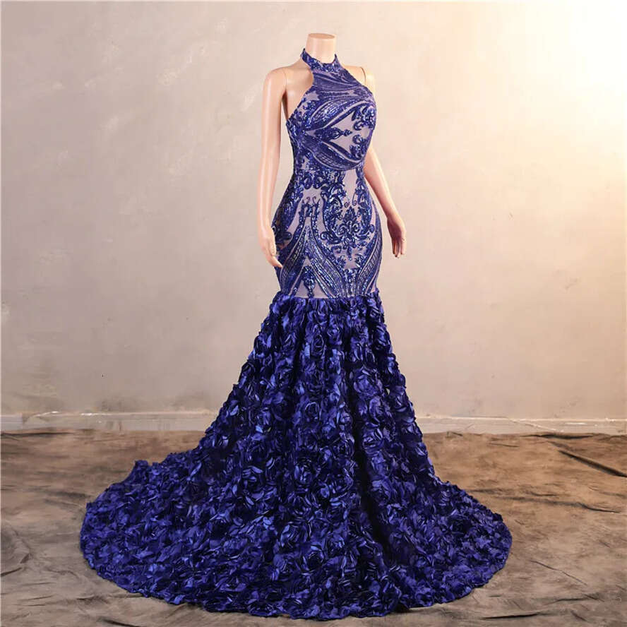 Ruffles Blue Cascading Royal Mermaid Prom Dresses Sequined Lace Wers Halter Neck Backless Long Women Evening Party Gowns Custom Made Bm3507