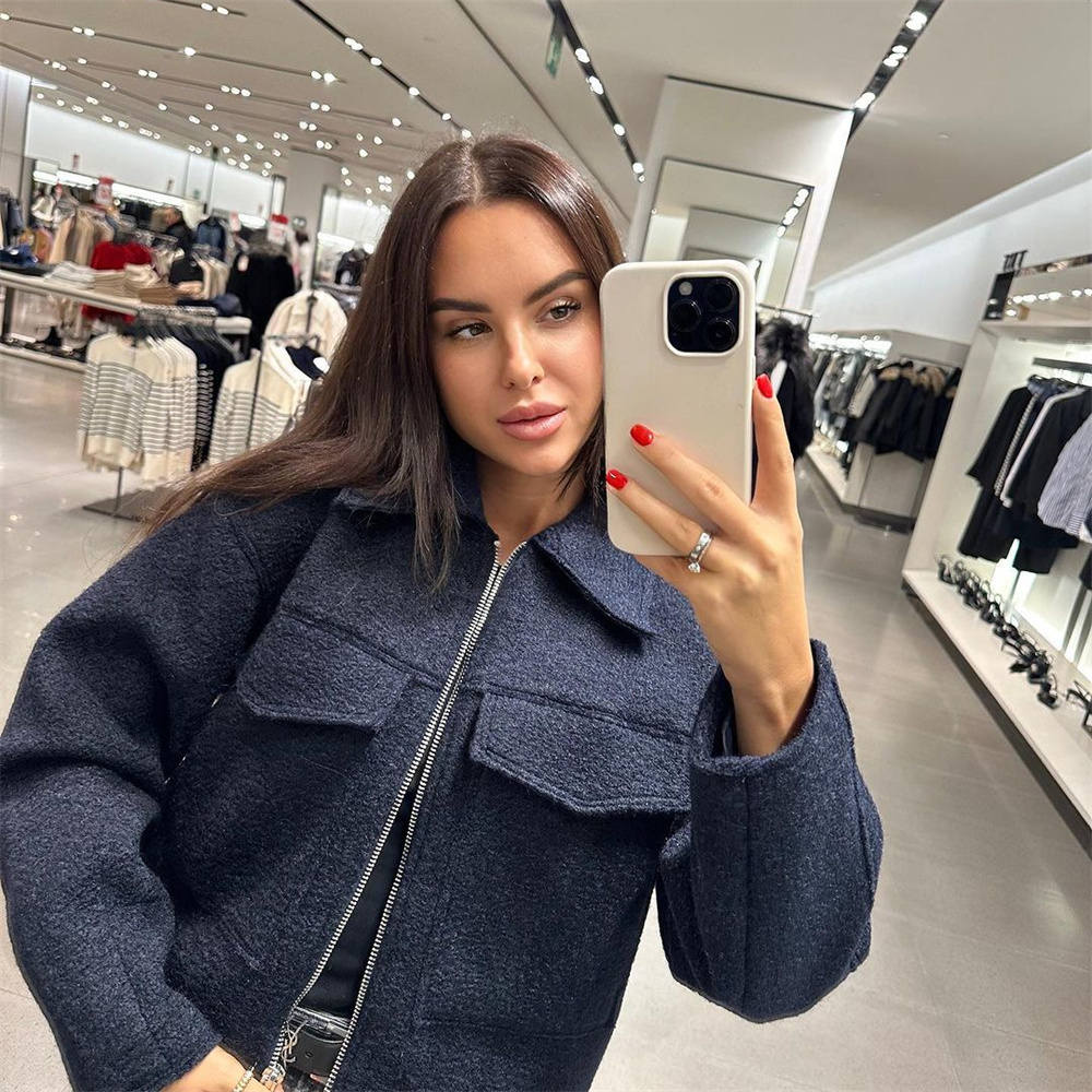 Unizera2024 Spring New Product Women's Simple Flip Collar Patch Bag Decoration Bead Leather Zipper Jacket Woolen Coat