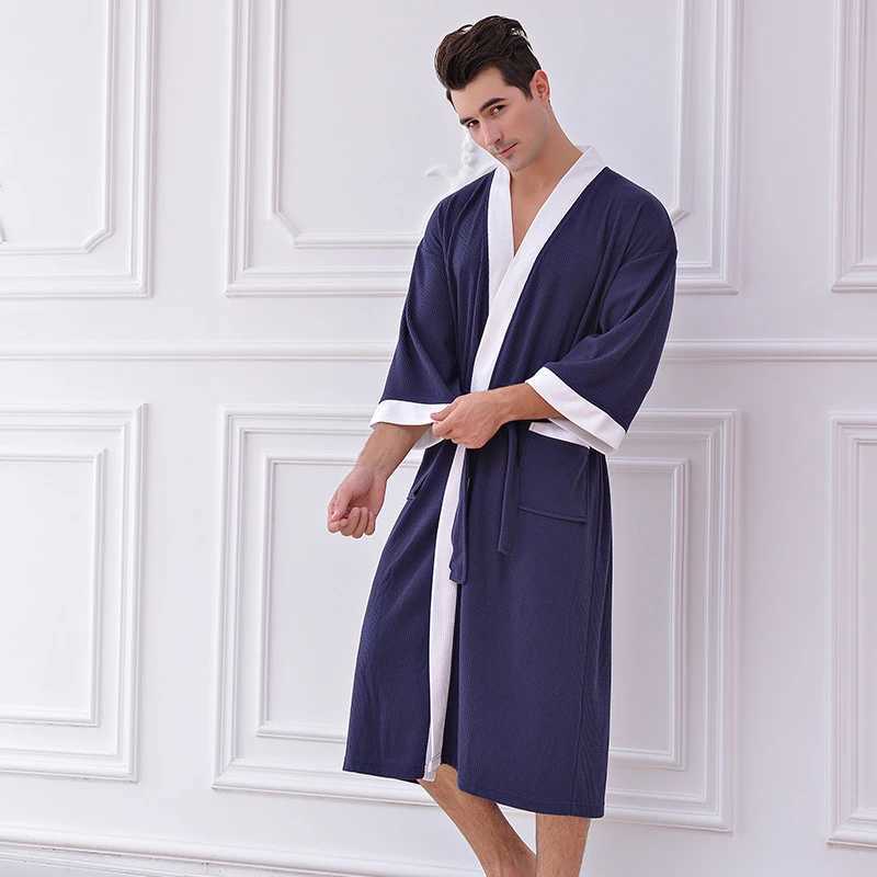 Spring and summer mens Sp long robe cotton Wfle Bathrobes gray warm soft evening gown plus size robe M XL XXL W241023