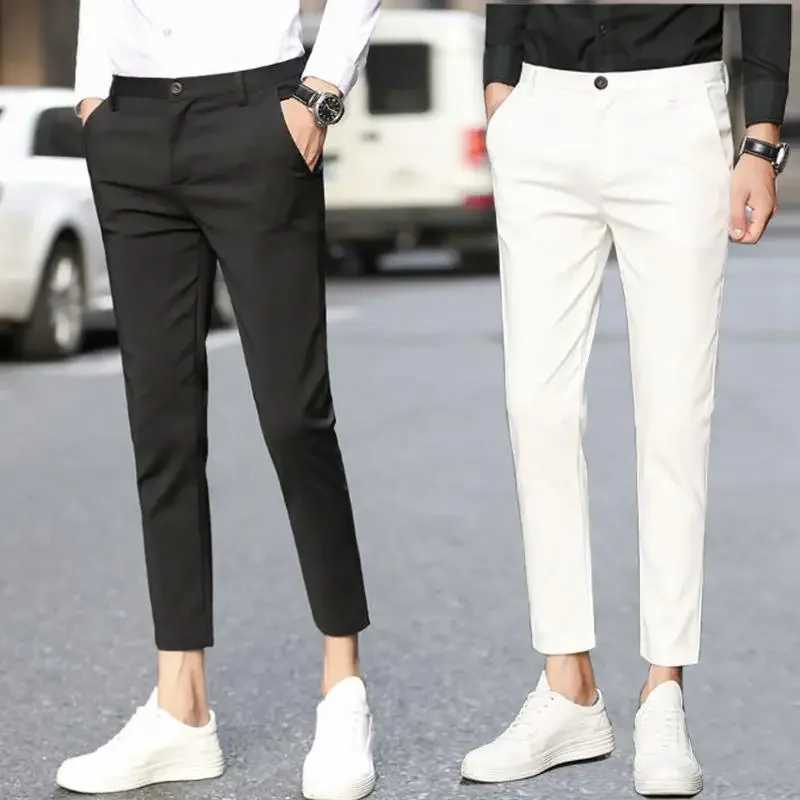 Stretch Slim Fit Social Tailoring Mens Summer PantsElastic 9 Cropped Business Tressed High Quality Slacks Male Suit TrousersX241023