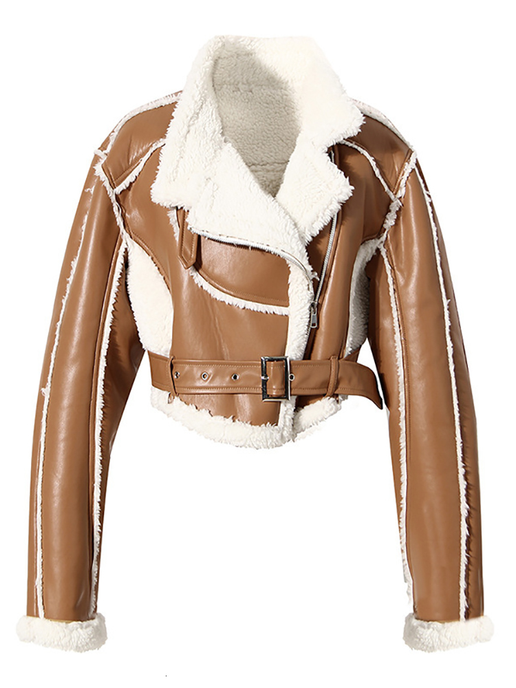 DEAT 2024 New Autumn And Winter Turn-Down Collar Full Sleeves PU Leather Cking Waist Jacket Female Coat Tide Warm Wt418