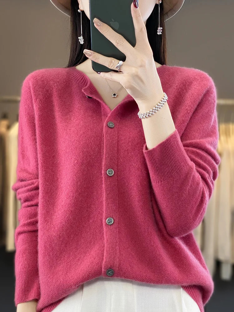 fashion spring womens O-neck elegant cardigan sweater 100% Merino wool solid cashmere knitted womens clothing Korean style top 241022