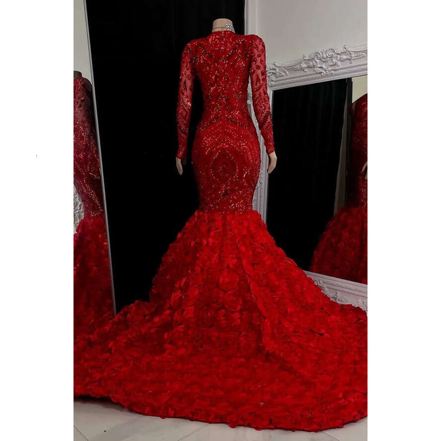 Lace Mermaid Bury Sequin Prom Dresses Black Girls V Neck Long Sleeves Sweep Train Formal Evening Gowns Real Image Bc15403