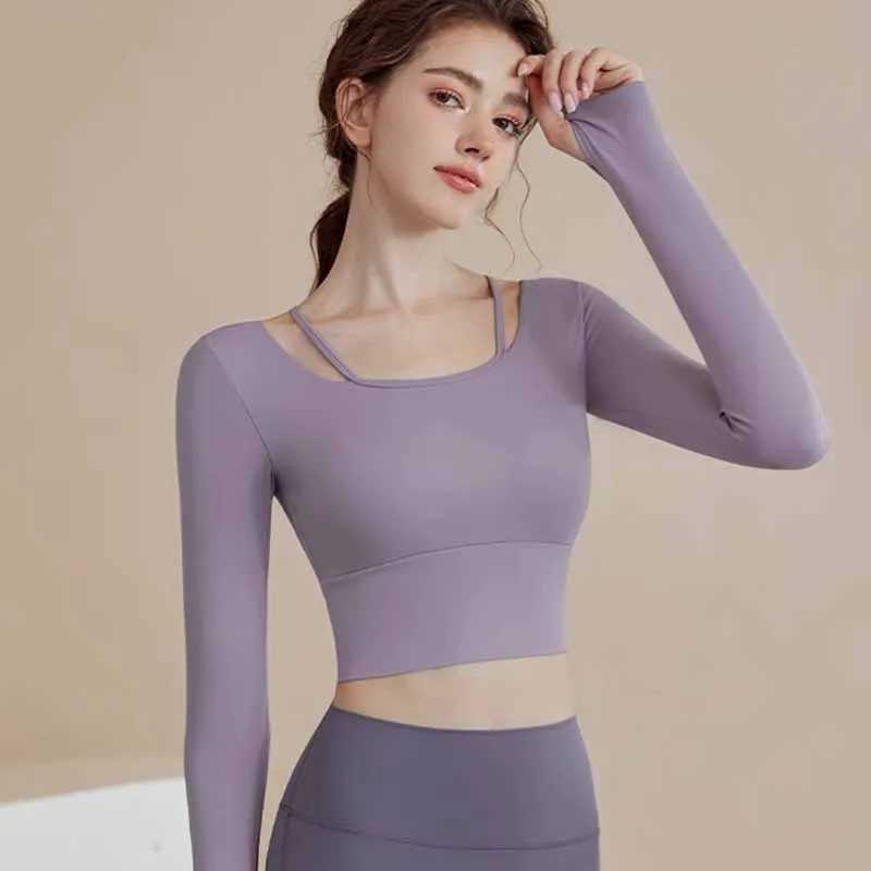 Womens sexy back sweatshirt cut top sports yoga long sleeved Pilates sweatshirt training gym topXJ250410