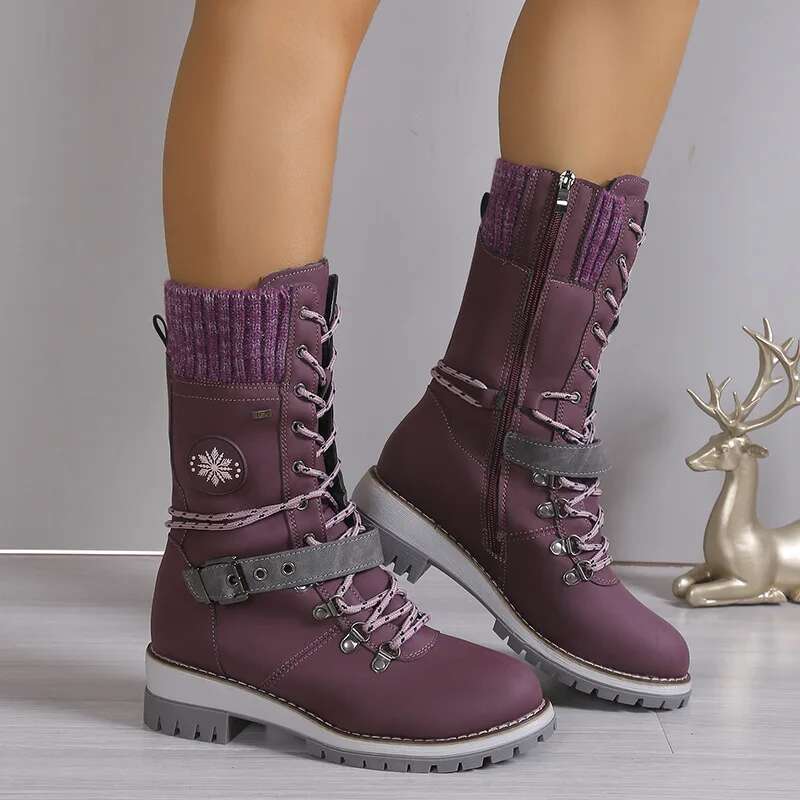 Lace-Up Combat Snow Chunky Heel Platform Women High Sole Increase Height Casual Thick Warm Cotton Boots