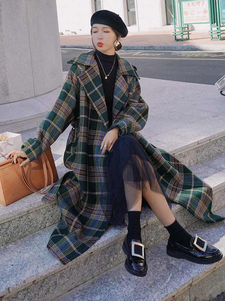 Retro plain long wool coat womens winter loose wool blend thick jacket Korean warm cotton lining Casacos 241023