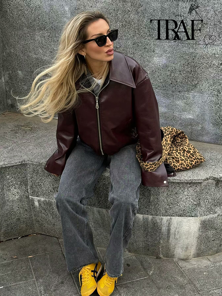 TRAF Women Fashion Lapel Zipper Patchwork Leather Retro Long Sleeve Pocket Autumn And Winter Street Style Jacket