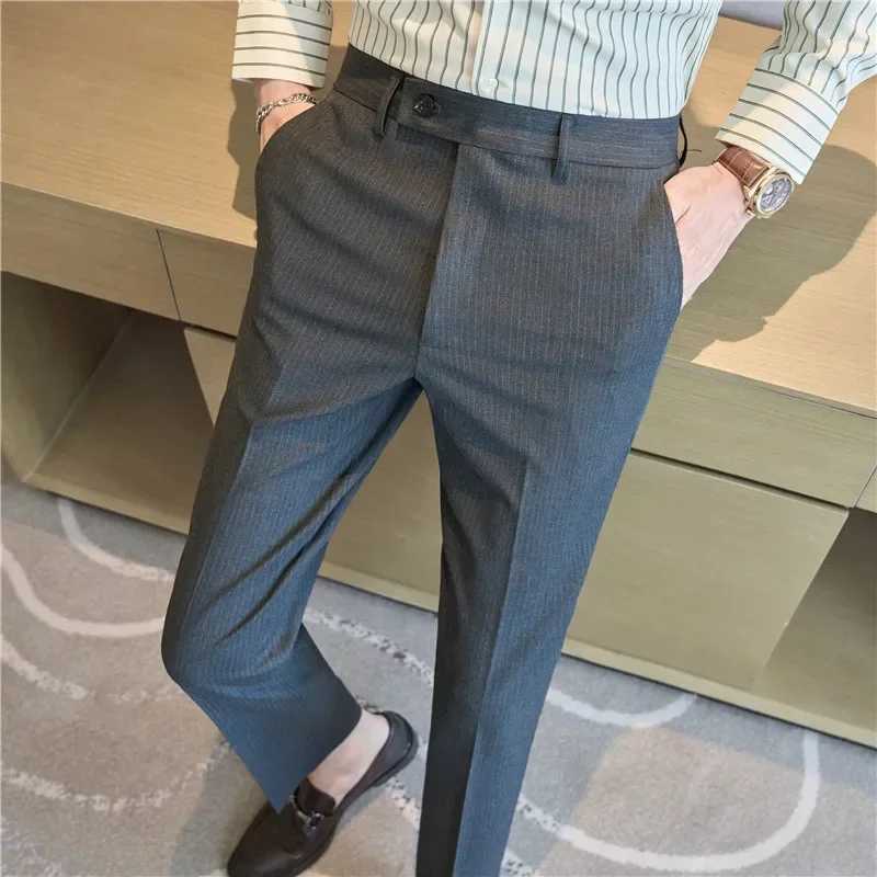 British Style Pinstripe Slim Fit Suit Pant Men Business Casual Simple Dress Pants High Quality Social Wedding Party TrousersX241023
