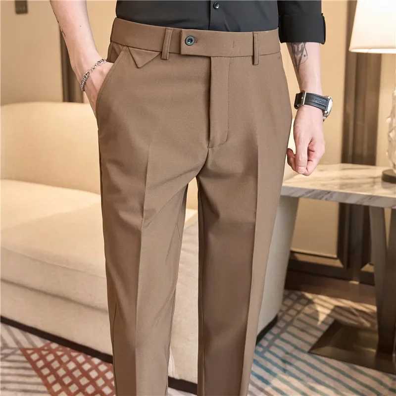 Men Suit Pants 2024 spring Elastic waist Solid Slim Fit Dress Pants Office Business Casual Trousers High Quality Mens clothingX241023
