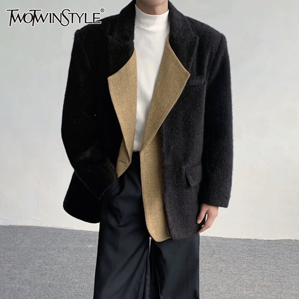 TWOTWINSTYLE Colorblock Casual Blazers For Women Notched Collar Long Sleeve Patchwork Pocket Loose Chic Coats Female Fashion New