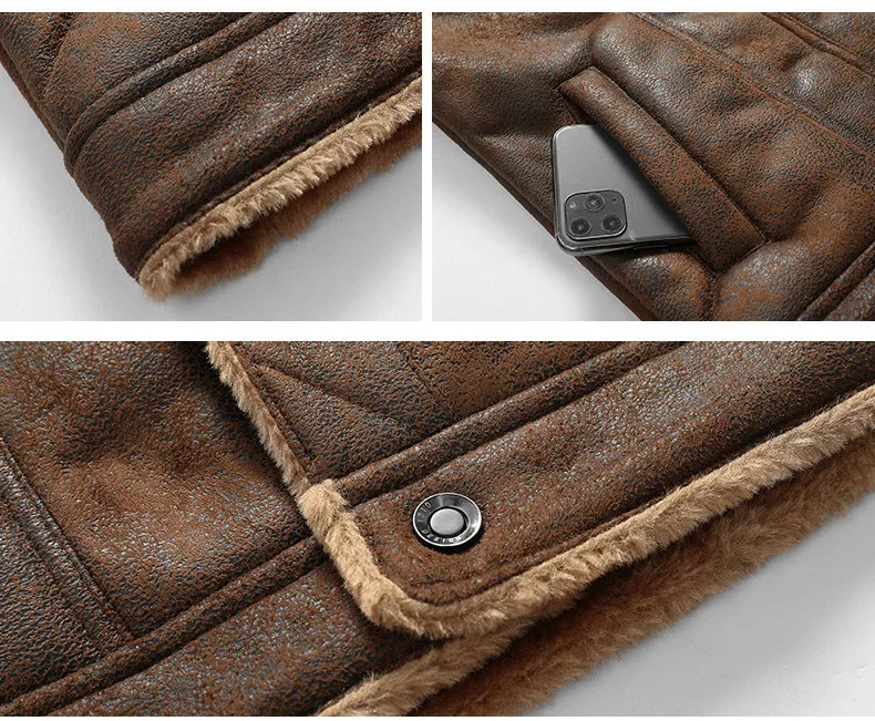 Mens autumn and winter leather bomber jacket zipper motorcycle faux fur coat mens thick wool pilot black Pu leather coat 241023