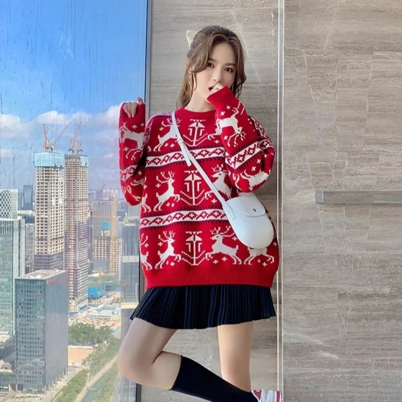 Autumn Winter Loose Oneck Casual Thick Red Christmas Sweaters Womens Vintage Elk Soft Wool Warm Knitted Pullover 241021