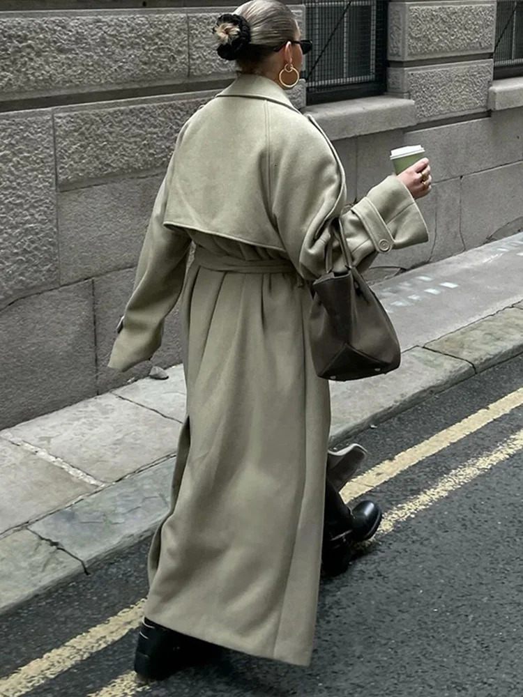 Retro single chest lapel long coat womens casual loose solid wool coat with pockets womens winter chic street coat 241023
