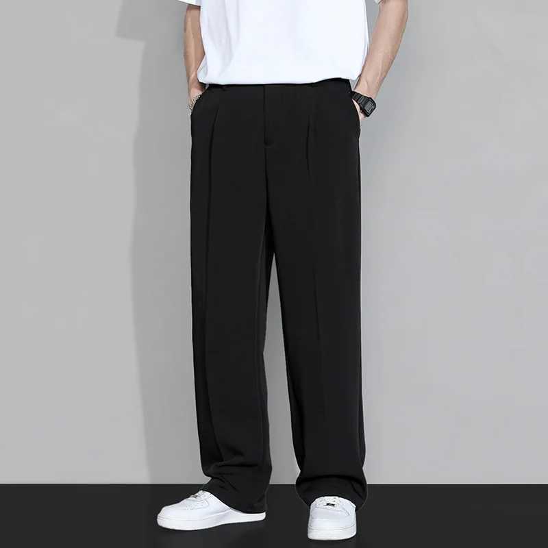 Korean-style Mens Dress Pants for Summer Thin Loose Straight Wide-leg Shorts Casual Business Ice Silk Drapey Long PantsX241023