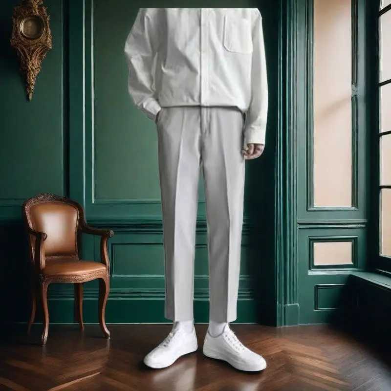 2024 New Spring and Autumn High End Fashion Business Casual High Waist Button Pocket Hanging Straight Crop Suit Pants for MenX241023