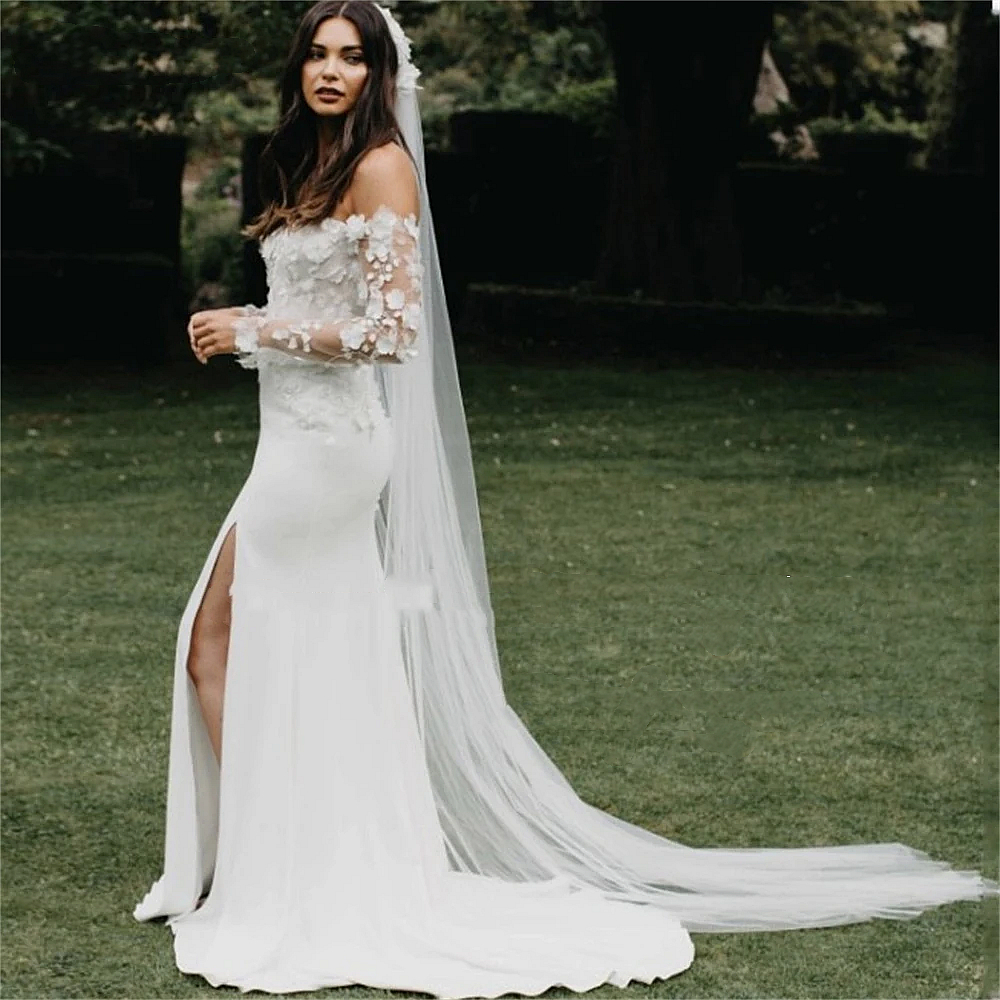 Off The Shoulder Mermaid Wedding Dresses 3D Floral Lace Appliques Long Sleeves Side Slit Bridal Gowns Sweep Train Boho Vestidos Novias