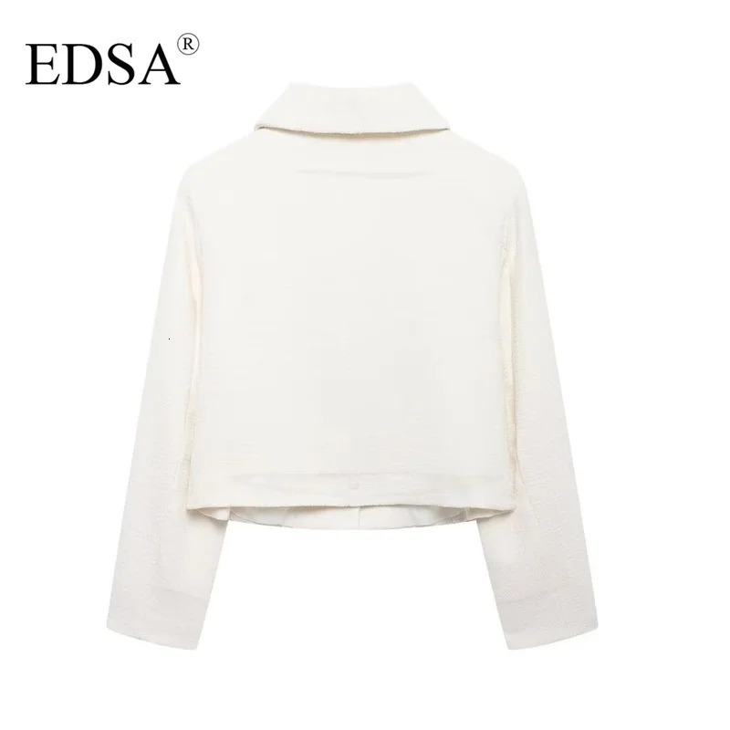 EDSA Womens White Coarse Linen Jacket with Bow Retro Single Chest Collar Long Sleeve Texture Coat Womens Unique Womens Clothing 241023