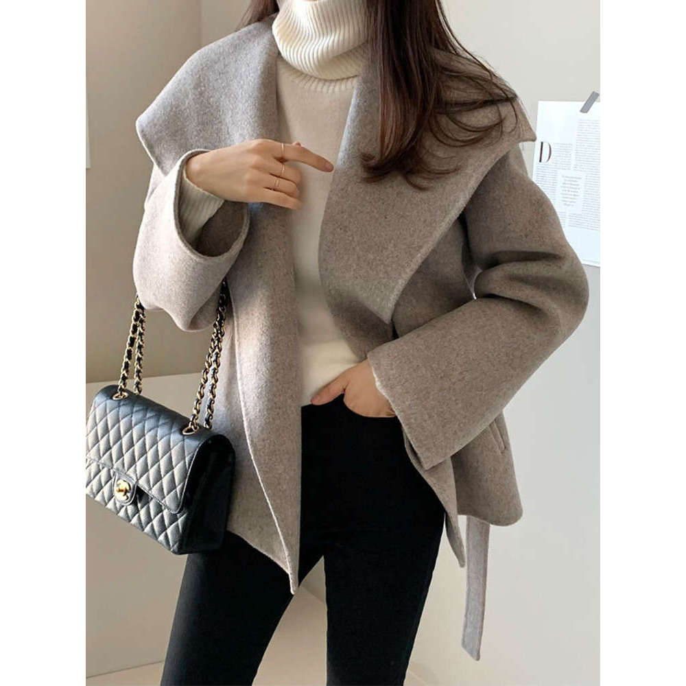 Big Turn-Down Collar Long Sleeve Double-Faced Cashmere Coat Lace-Up Chic Women Winter Woolen Coats Autumn New