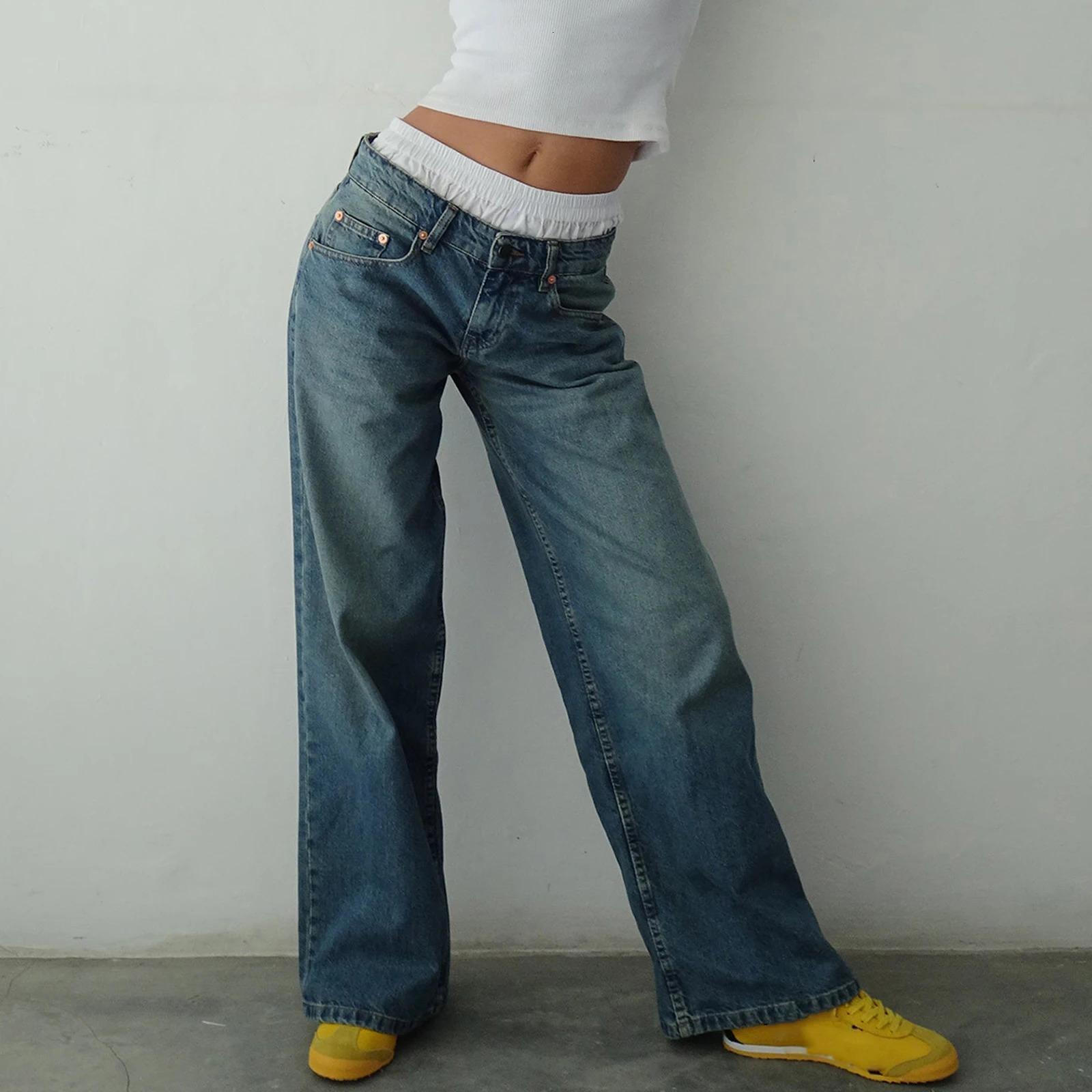 Y2K womens pocket jeans fashionable low rise casual straight leg boyfriend jeans pocket streetwear 241023