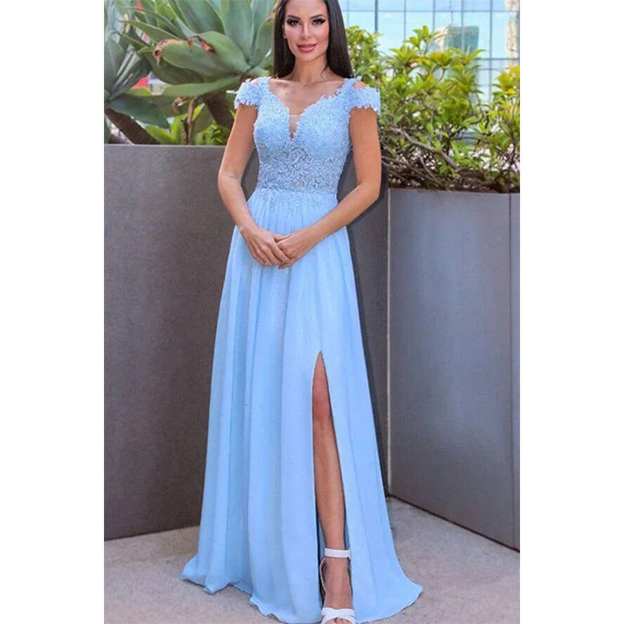 New Sexy Dresses Bridesmaid A E V Neck Cap Sleeve Lace Appliques Chiffon Maid Of Honor Gowns Plus Size Split Evening Prom Dress Wears ppliques vening