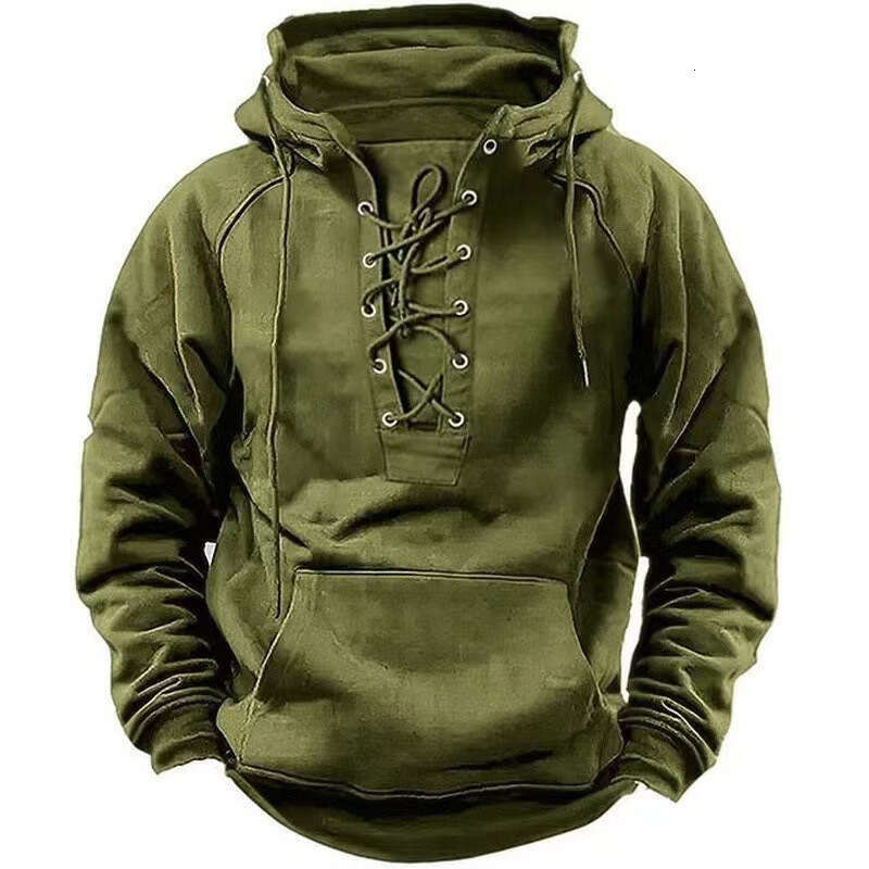 High end Trendy Fall Mens Hooded Sweatshirts Lace up Drawstring Long Sleeve Loose Hoodies Men Streetwear Vintage Solid Color Hoodie