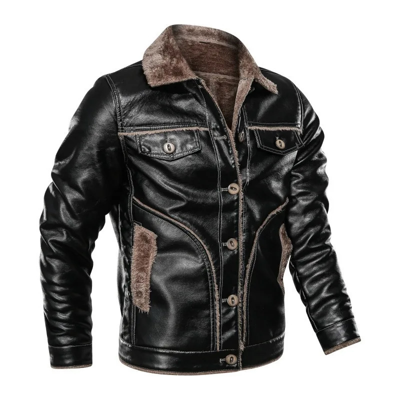 MaiDangDi Autumn/Winter Polo Neck Plush Thick PU Leather Coat with Multiple Pockets Mens Washed Leather Coat 241023