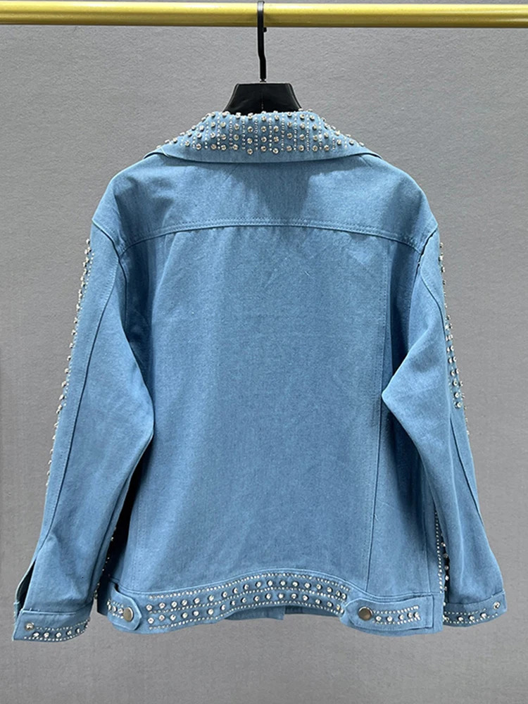 Street Clothing Splicing Rivet Denim Jacket Womens Fashion Collar Long Sleeve Loose Coat Womens Coat Autumn Trend