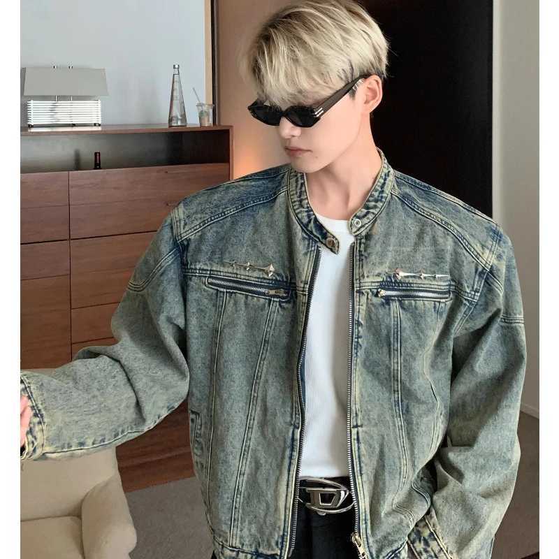 Motorcycle washed denim jacket mens Strt hip-hop metal design Distressed Coat zipper pocket loose denim jacket unisex X241023