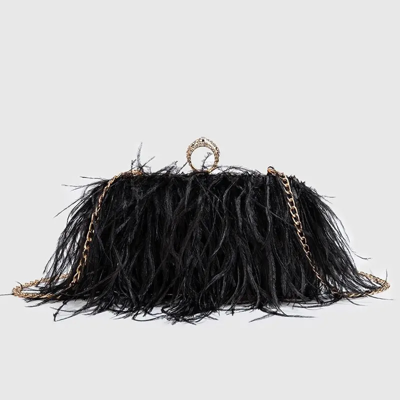 Fashion Ostrich Fuax fur wallet clutch bag womens diamond finger ring dinner party wedding wallet chic 241023