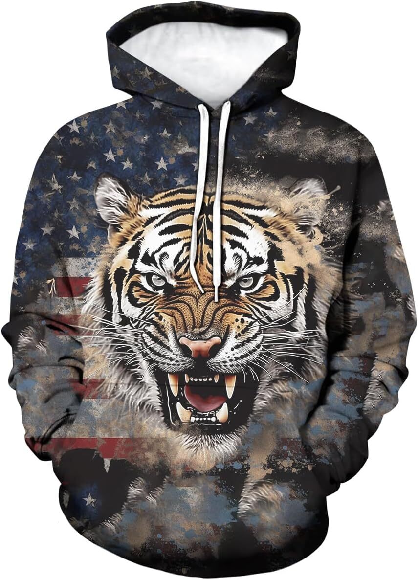 Hoodie for Mens Womens Mens American Flag Hoodie 3D Tiger Printing Hoodies Fantasy Animal Sweatshirts Pullover Graphic Hoodies sweatshirt Pullover Lon