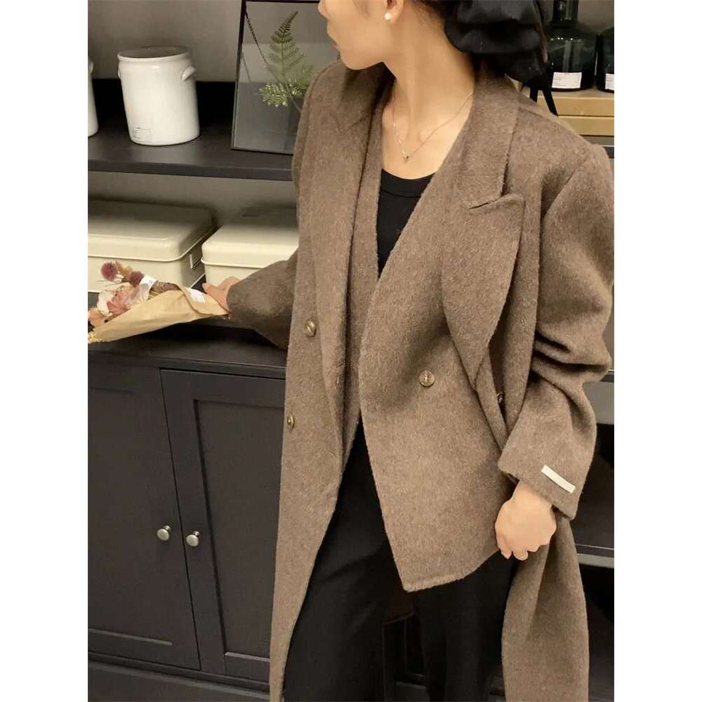 Rose Two-Piece Double-Sided Cashmere Women Mid-Length New Fashion Loose Warm Waistcoat Lael Woolen Coat Autumn Winter