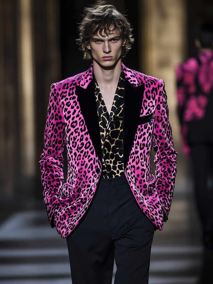 Pink Leopard Print Men Wedding Tuxedos Black Peaked Lapel Tailored Pants Suits Birthday Party Prom Groom Wear 2 Pieces