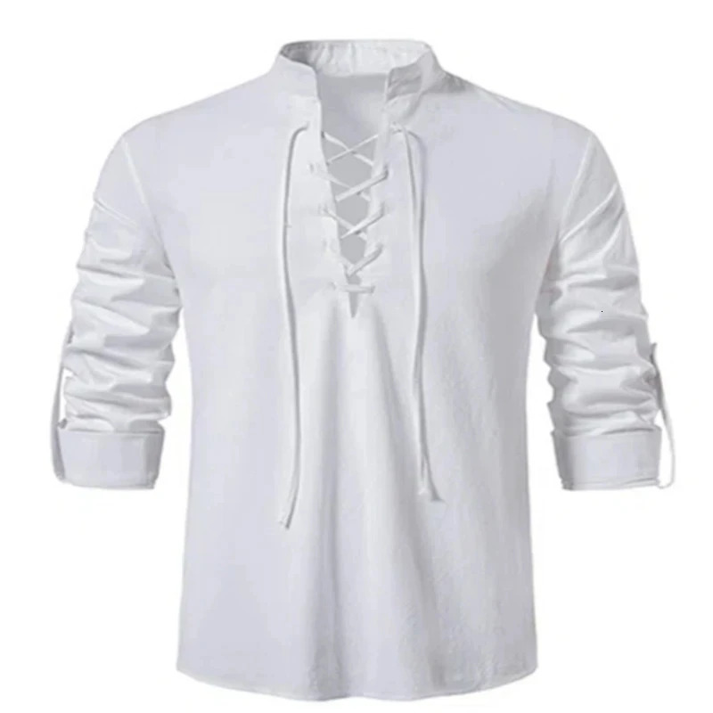 mens V-neck T-shirt fashionable retro thin long sleeved mens casual breathable Viking front lace mens shirt 241023