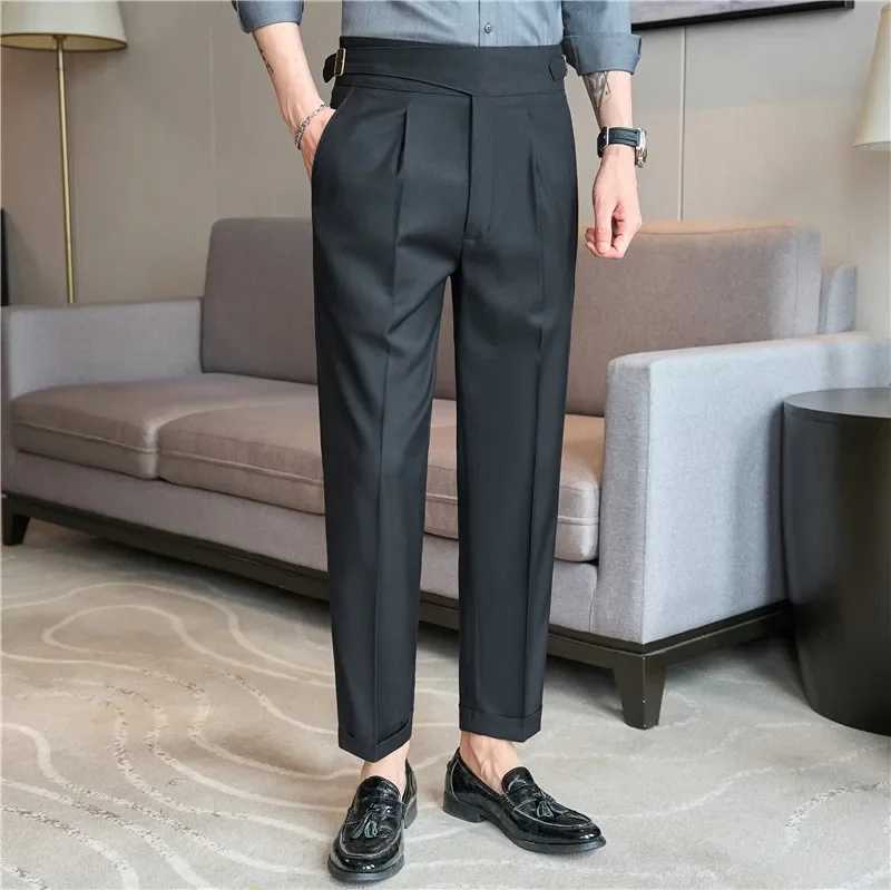 High Waisted Dress Pants 2024 Autumn British Style Solid Casual Trousers Elastic Slim Fit Formal Suit Pants Fashion Men ClothingX241023