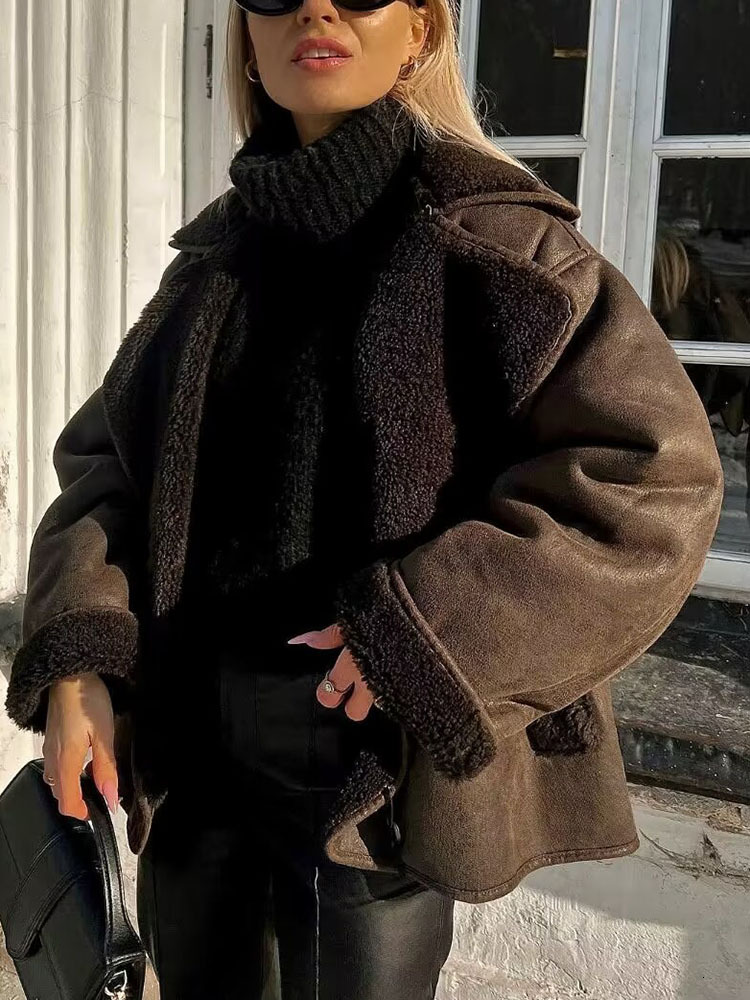 Vintage Suede Women Faux Fur Coat Winter Thick Warm Turndown Collar Outerwear Ladies Casual Slim Long Sleeve Coats Chic