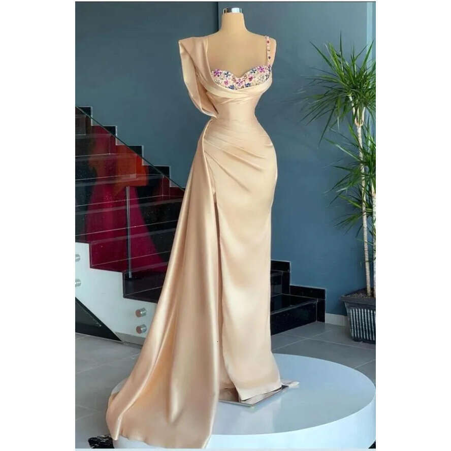 Mermaid Stic Champagne Gold Evening Dresses With Crystals Beads Cap Sleeve Pleats Ruffles Long Party Ocn Gowns Prom Dress Wears Bc13128