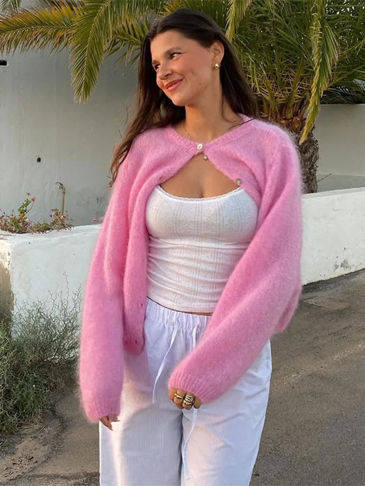 Women Sweet Elegant Mohair Knitted Cardigans Chic O Neck Single Breasted Long Sleeves Sweater 2024 Autumn Female Fashion Jumpers 241010